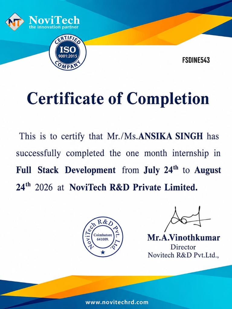 NoviTech Internship Completion